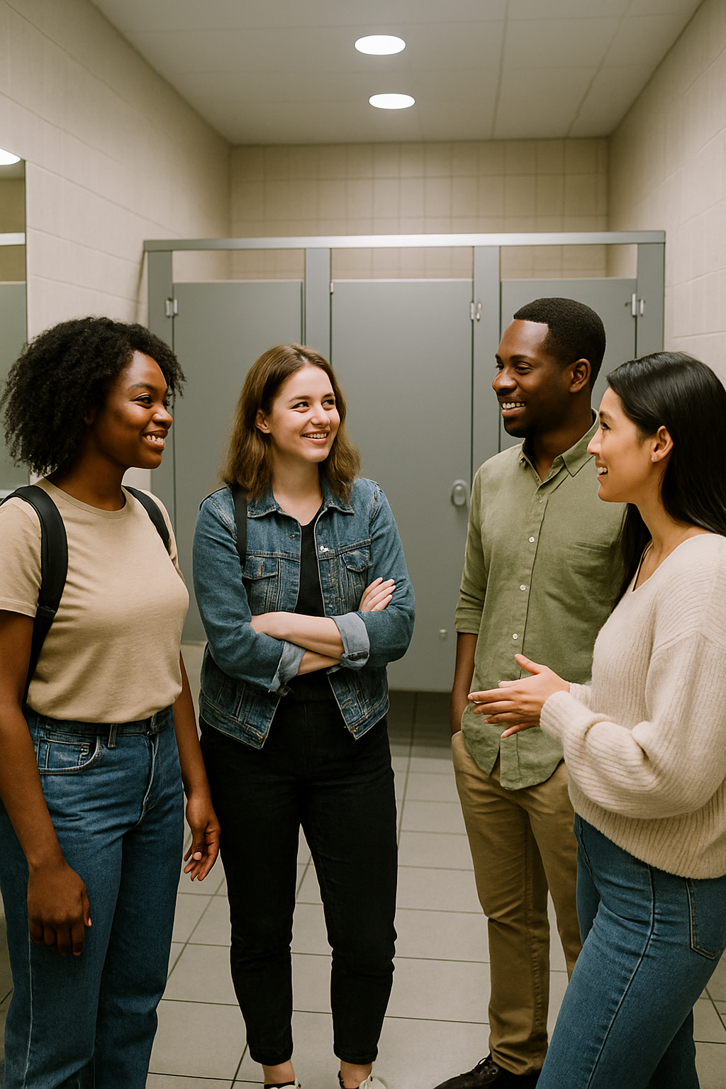 People talking in a public washroom 